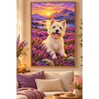 Westie Scottish Heather Field Diamond Painting Kit — finished diamond painting in a home setting