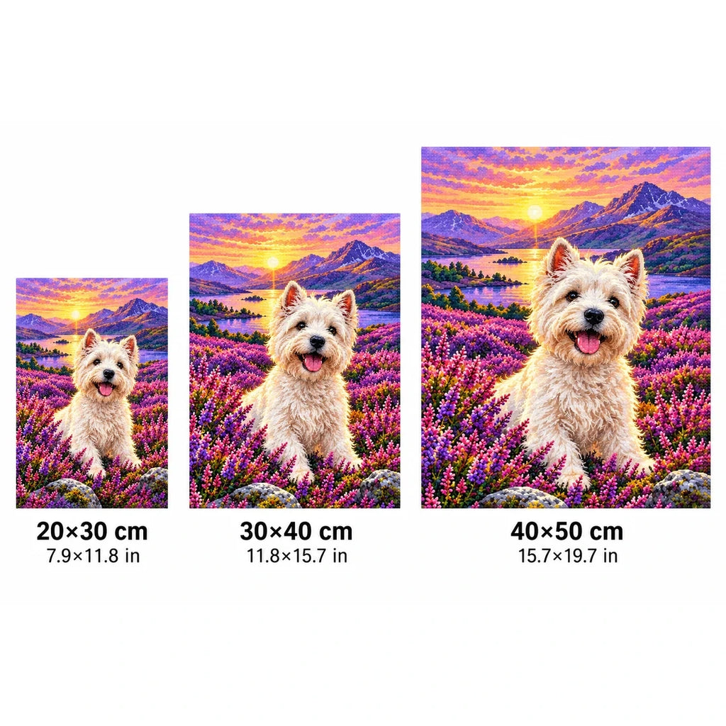 Westie Scottish Heather Field Diamond Painting Kit — 20 by 30, 30 by 40, and 40 by 50 centimeter size guide