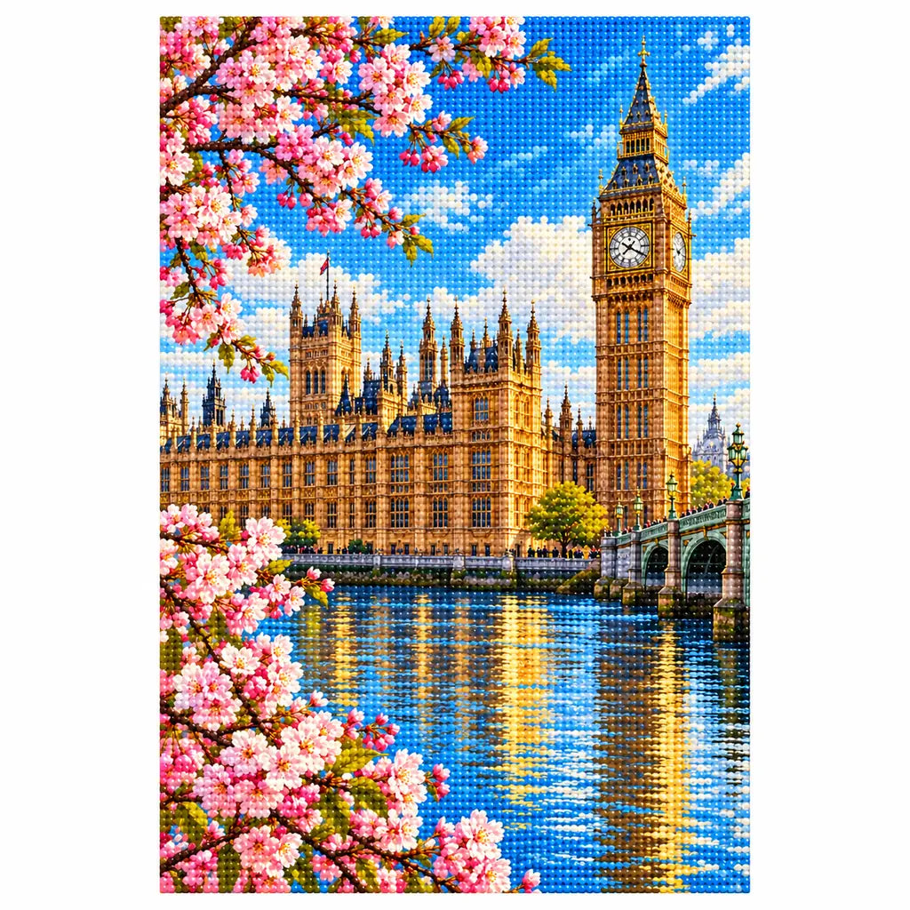 White-background finished diamond painting of Westminster Big Ben.