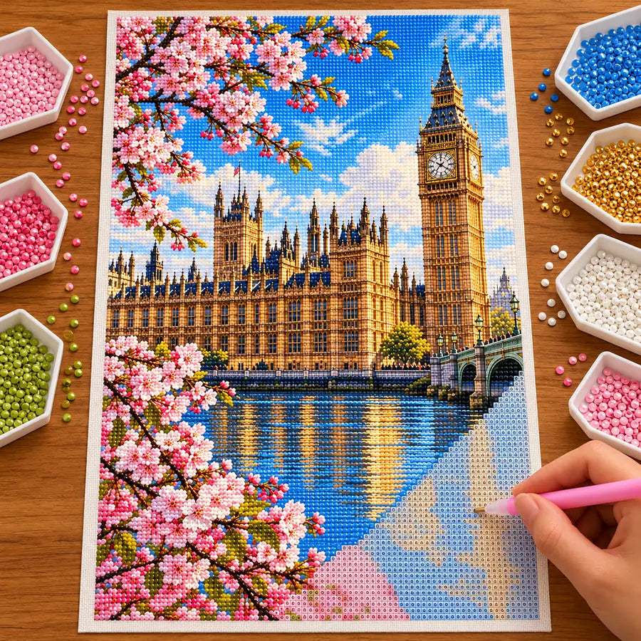Hands placing diamond drills on the Westminster Big Ben design.