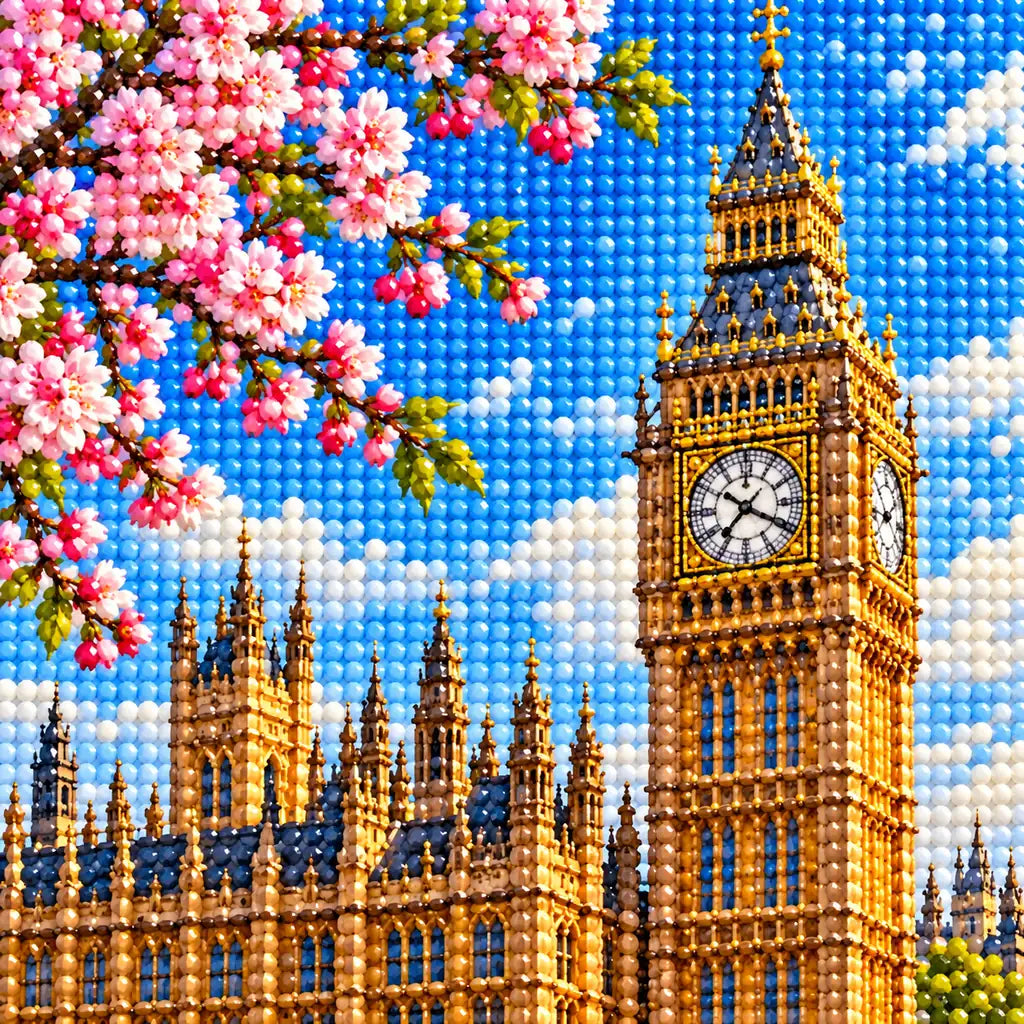 Close-up of drill details in the Westminster Big Ben diamond painting.