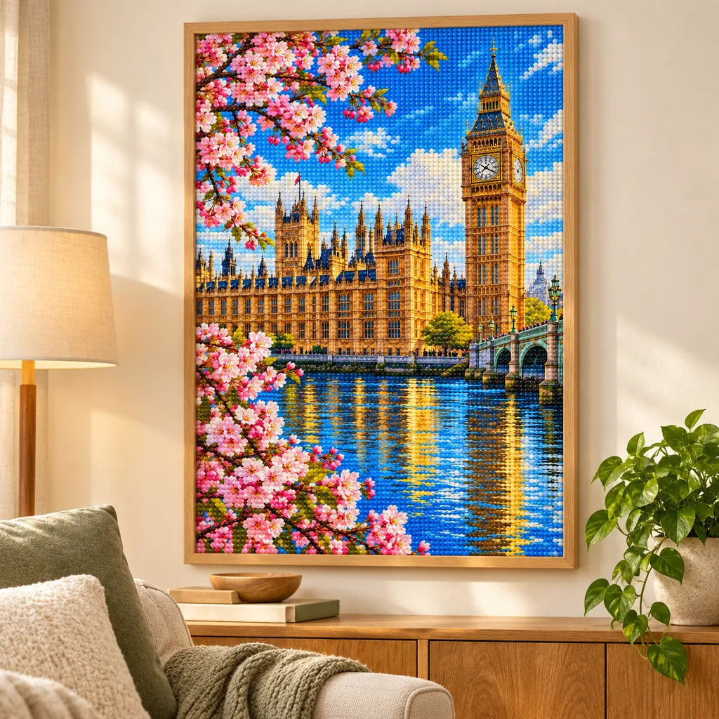 Framed Westminster Big Ben diamond painting displayed as home decor.