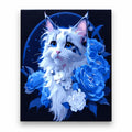 White Cat with Blue Hydrangeas paint by numbers artwork on a front-facing canvas against a white background