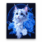 White Cat with Blue Hydrangeas paint by numbers artwork on a front-facing canvas against a white background