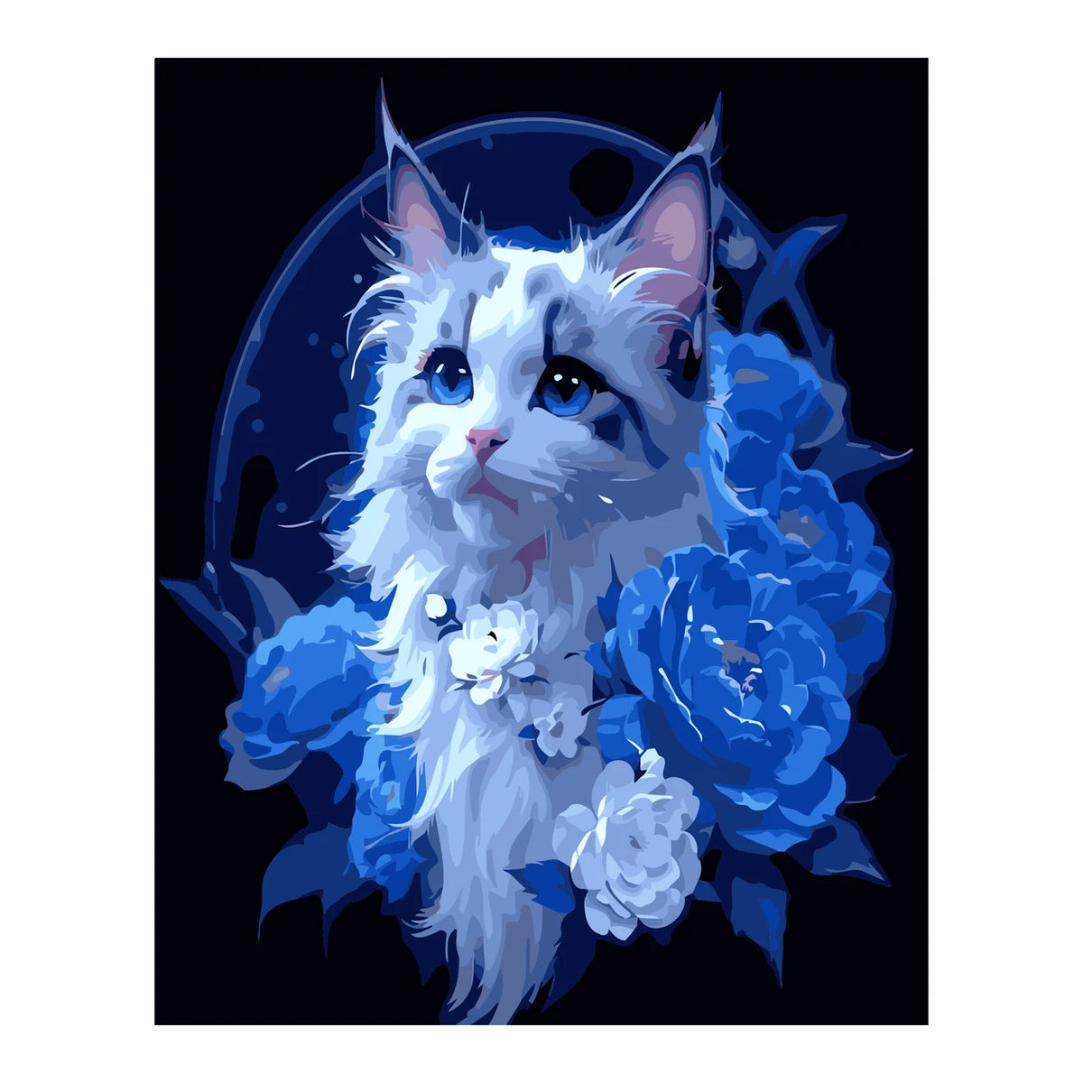 White Cat with Blue Hydrangeas completed artwork on a clean white background