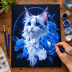 Complete White Cat with Blue Hydrangeas numbered canvas being painted with acrylic paints and brushes
