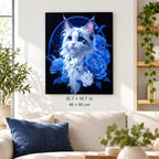 White Cat with Blue Hydrangeas shown in a styled room with 15.7 × 19.7 in and 40 × 50 cm dimensions