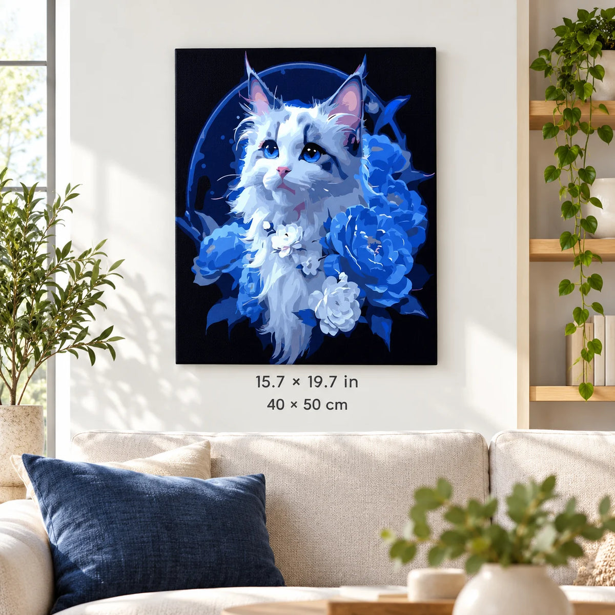 White Cat with Blue Hydrangeas shown in a styled room with 15.7 × 19.7 in and 40 × 50 cm dimensions