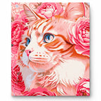 White Cat among Pink Roses paint by numbers artwork on a front-facing canvas against a white background