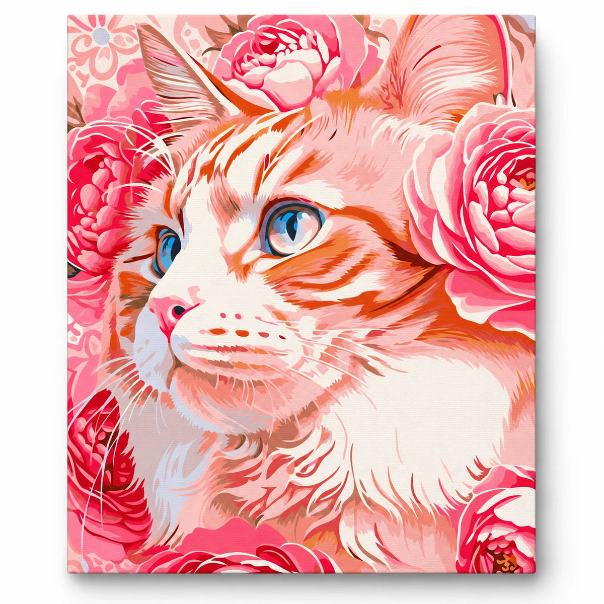 White Cat among Pink Roses paint by numbers artwork on a front-facing canvas against a white background