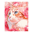 White Cat among Pink Roses completed artwork on a clean white background