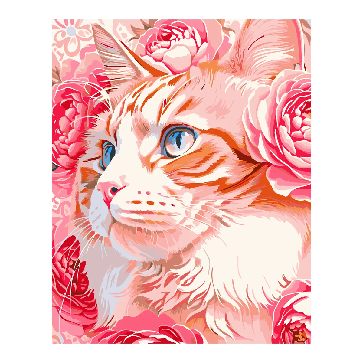 White Cat among Pink Roses completed artwork on a clean white background