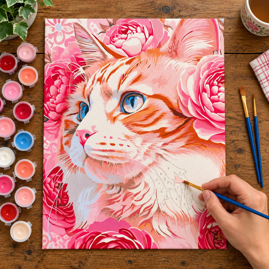 Complete White Cat among Pink Roses numbered canvas being painted with acrylic paints and brushes