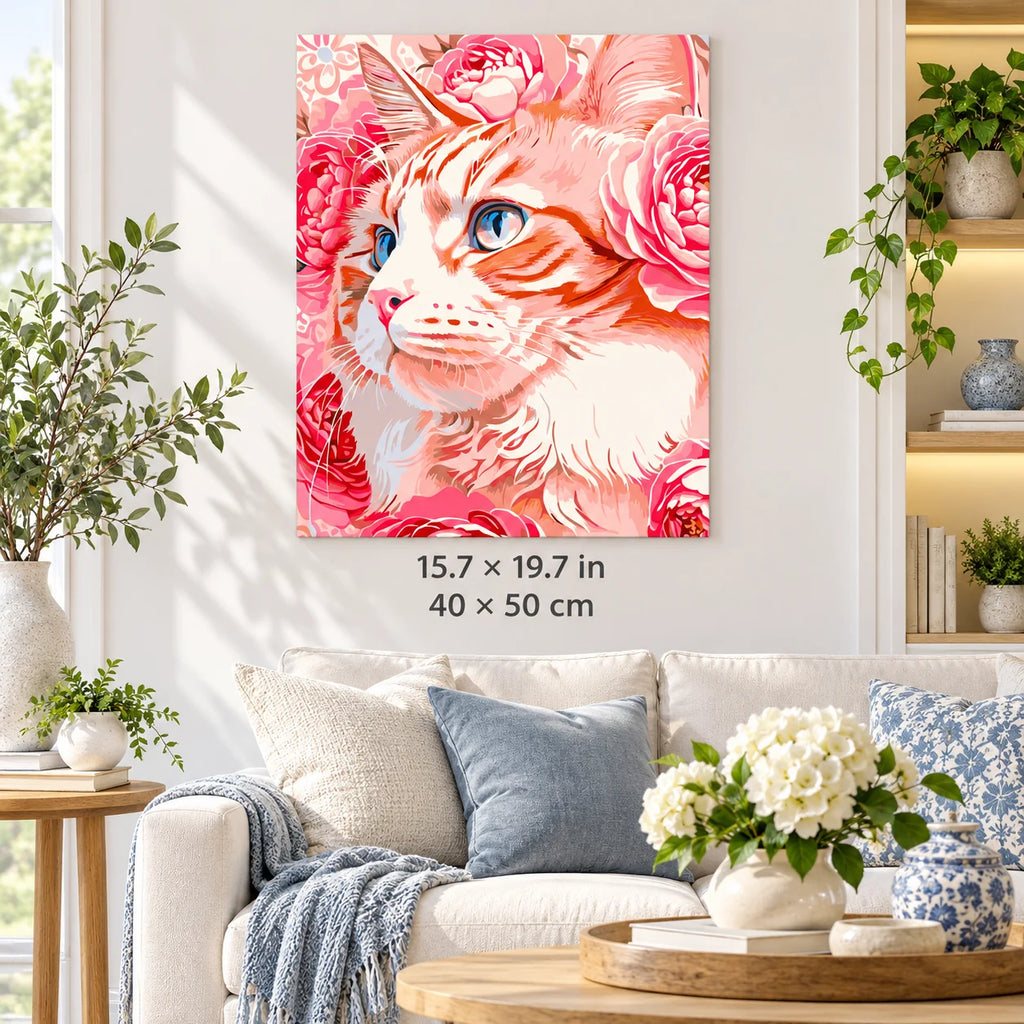 White Cat among Pink Roses shown in a styled room with 15.7 × 19.7 in and 40 × 50 cm dimensions