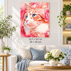 White Cat among Pink Roses shown in a styled room with 15.7 × 19.7 in and 40 × 50 cm dimensions