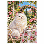 White Cat Rose Garden Diamond Painting Kit finished diamond artwork on white background