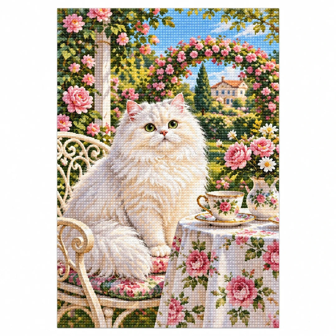White Cat Rose Garden Diamond Painting Kit finished diamond artwork on white background