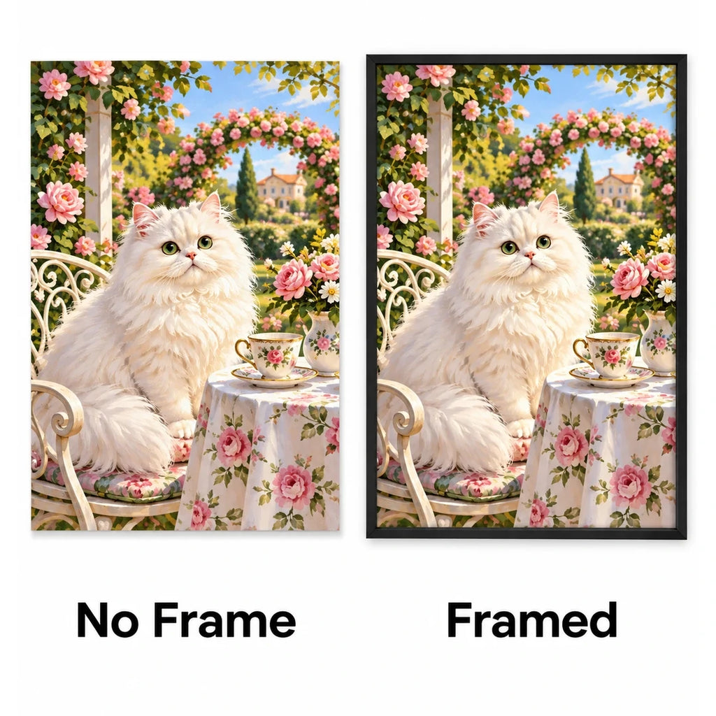 White Cat Rose Garden Diamond Painting Kit No Frame and Framed comparison