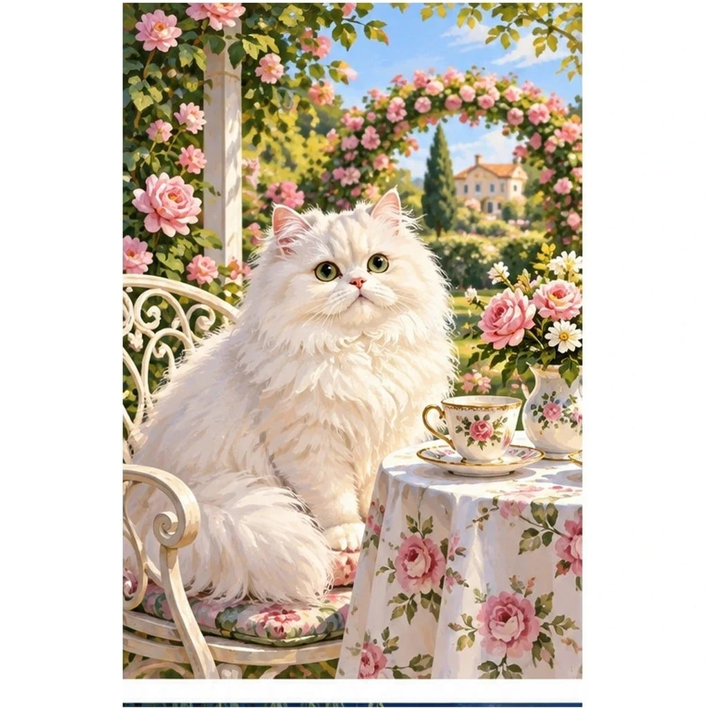 White Cat Rose Garden original artwork on white background