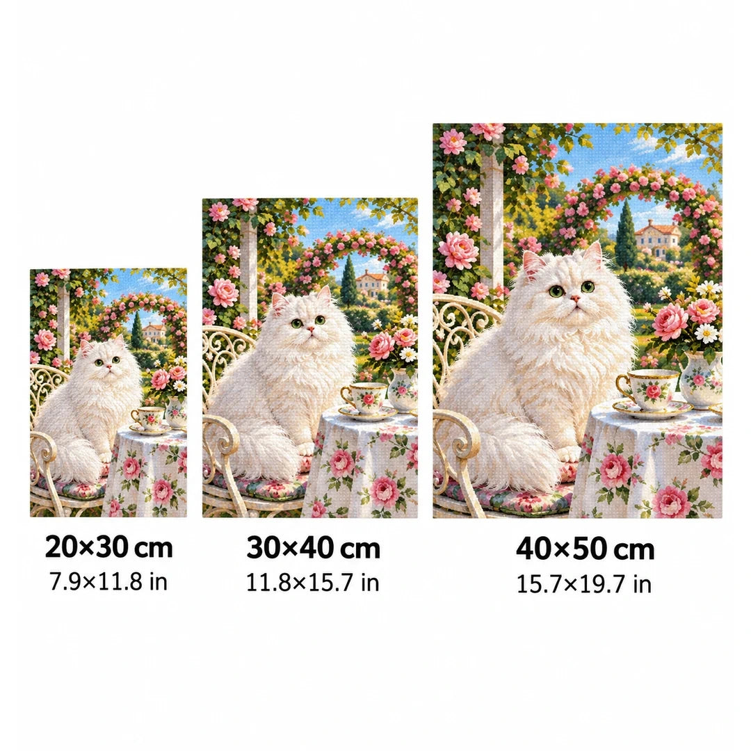 White Cat Rose Garden Diamond Painting Kit size guide