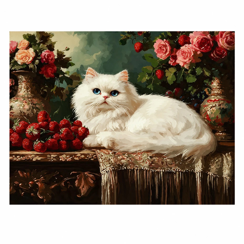 Original artwork showing a white cat resting beside roses on an antique table.