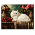 Original artwork showing a white cat resting beside roses on an antique table.