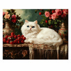 Original artwork showing a white cat resting beside roses on an antique table.