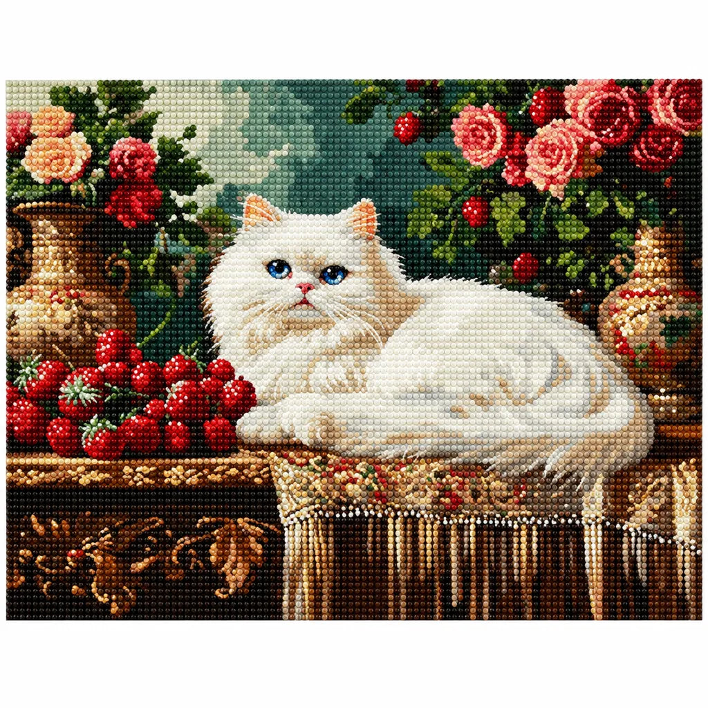 Finished diamond painting of a white cat resting beside roses on an antique table.