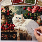 Diamond painting process for a white cat resting beside roses on an antique table.