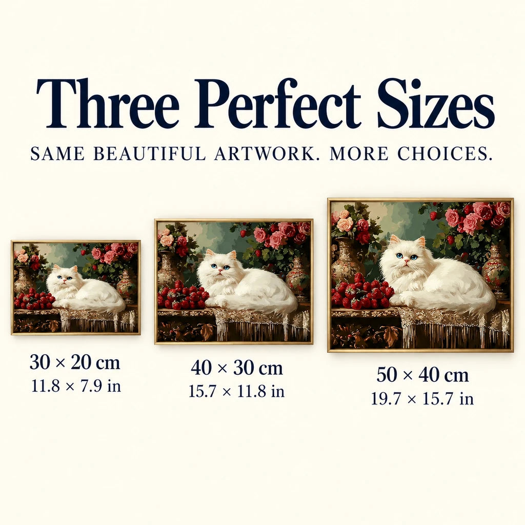 Size guide for White Cat and Roses on Antique Table Diamond Painting Kit: 20 × 30 cm, 30 × 40 cm, and 40 × 50 cm.