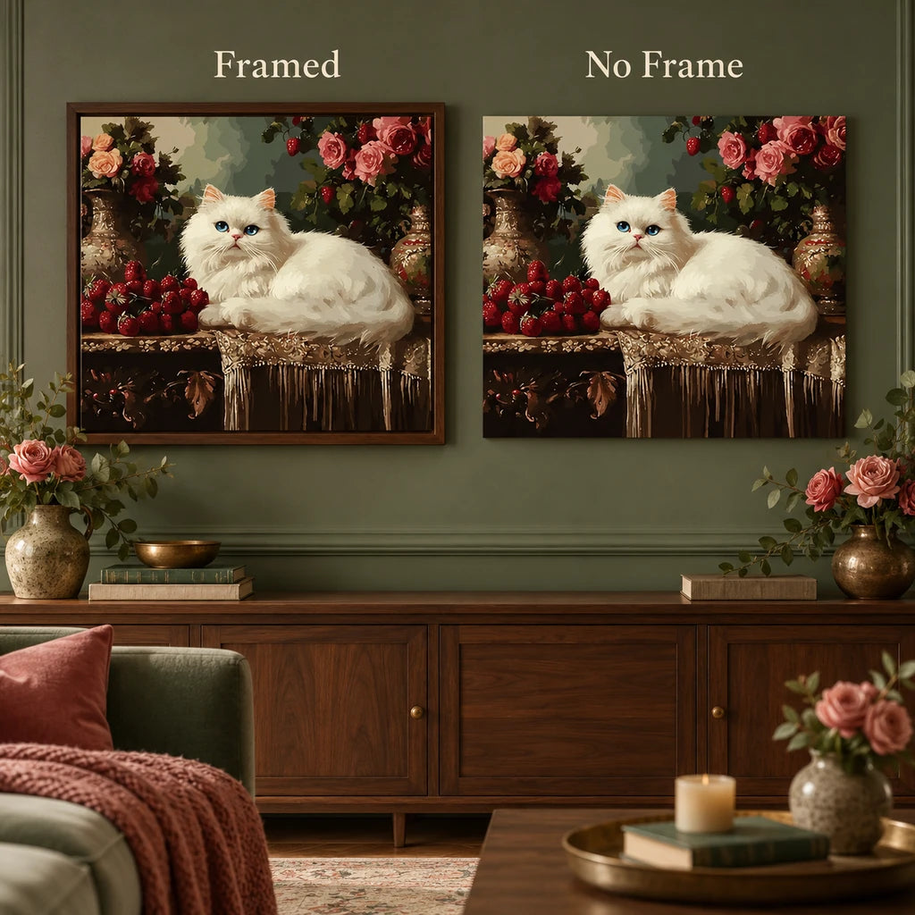 Framed and no-frame comparison for White Cat and Roses on Antique Table Diamond Painting Kit.