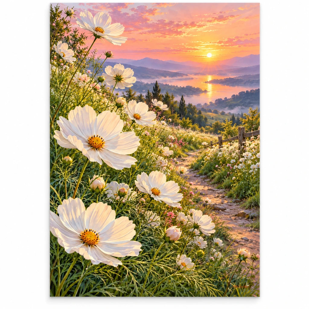 White cosmos along a lakeside path at sunset: original artwork on a white background