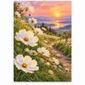 White cosmos along a lakeside path at sunset: original artwork on a white background