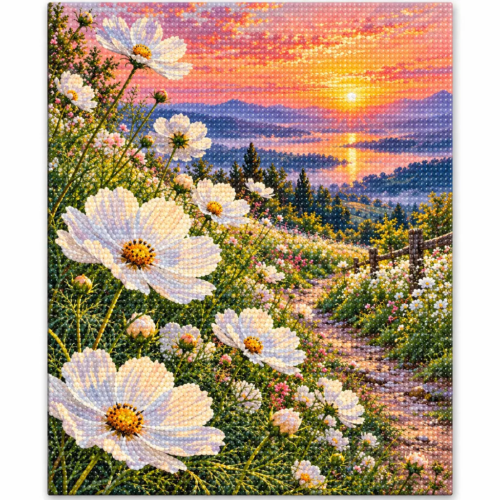 White cosmos along a lakeside path at sunset: finished diamond painting on a white background