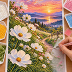 White cosmos along a lakeside path at sunset: diamond painting being completed with a pen