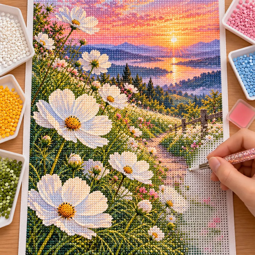 White cosmos along a lakeside path at sunset: diamond painting being completed with a pen
