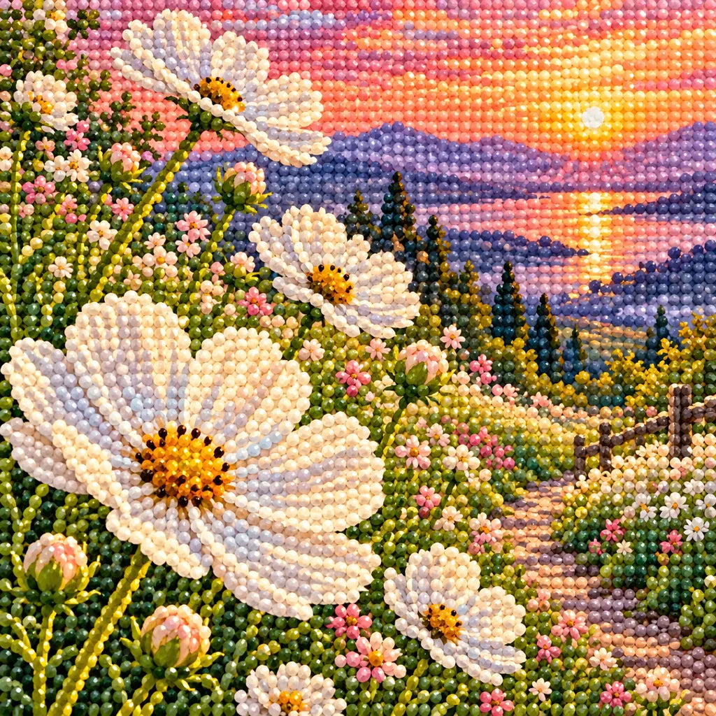 White cosmos along a lakeside path at sunset: close-up of diamond drills
