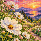 White cosmos along a lakeside path at sunset: close-up of diamond drills