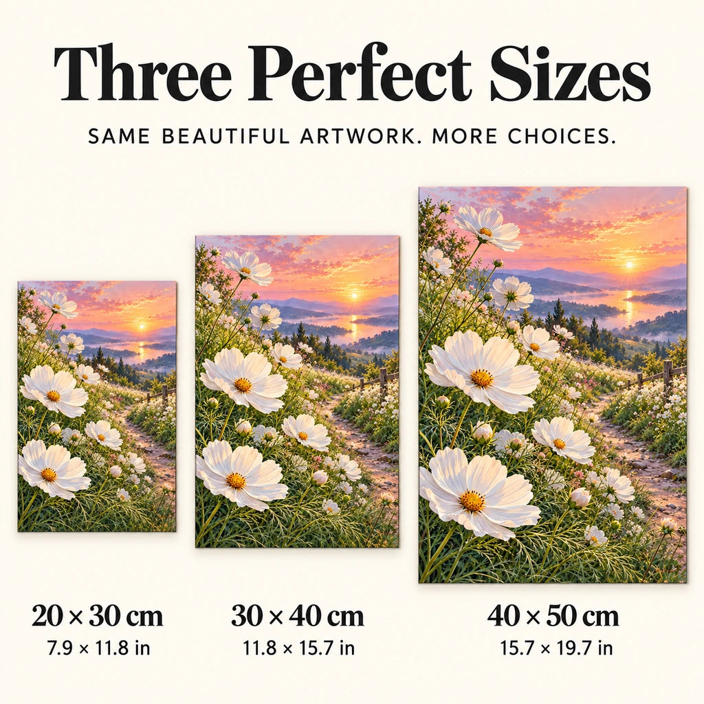 White cosmos along a lakeside path at sunset: size guide showing three available dimensions