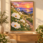 White cosmos along a lakeside path at sunset: diamond painting displayed as home wall decor