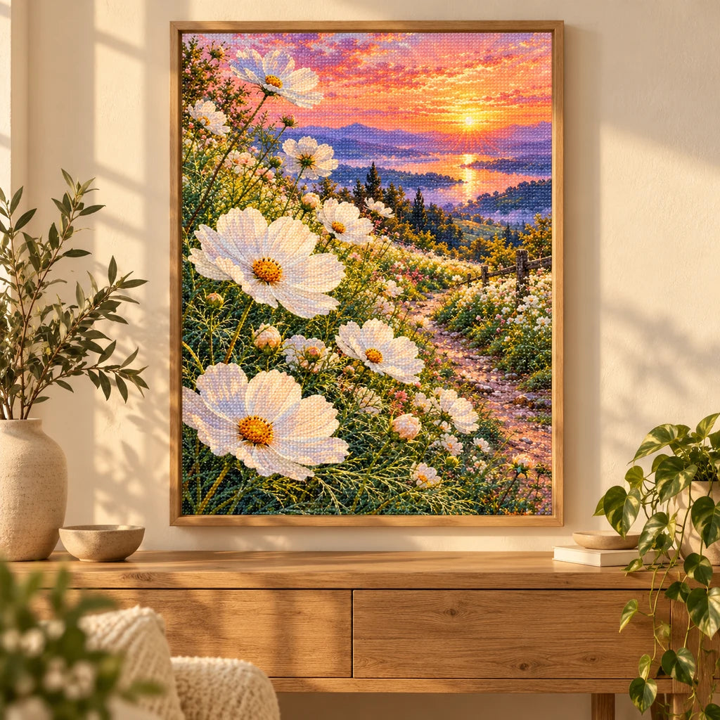 White cosmos along a lakeside path at sunset: diamond painting displayed as home wall decor