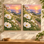 White cosmos along a lakeside path at sunset: framed and no-frame style comparison