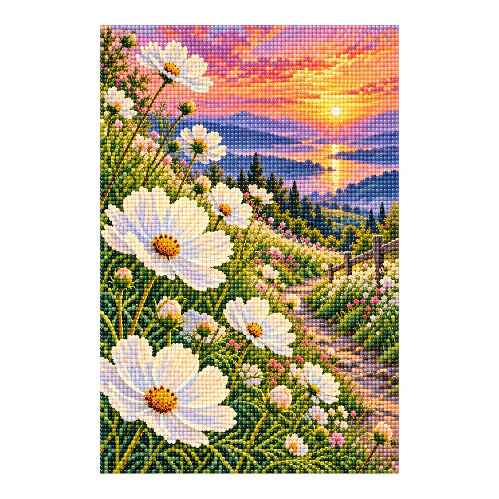 White cosmos along a lakeside path at sunset: finished diamond painting on a white background