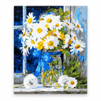 White Daisies in Blue Vase paint by numbers artwork on a front-facing canvas against a white background