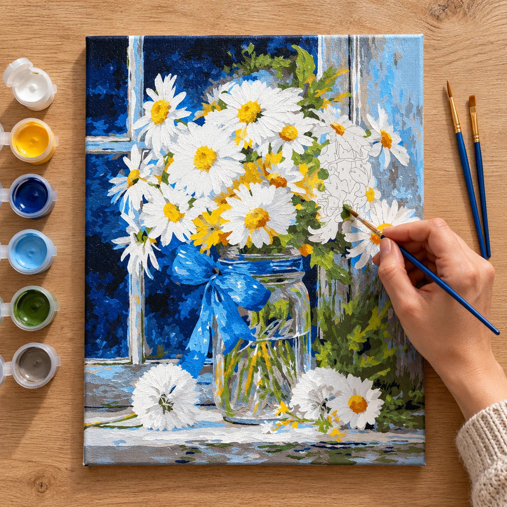 Complete White Daisies in Blue Vase numbered canvas being painted with acrylic paints and brushes