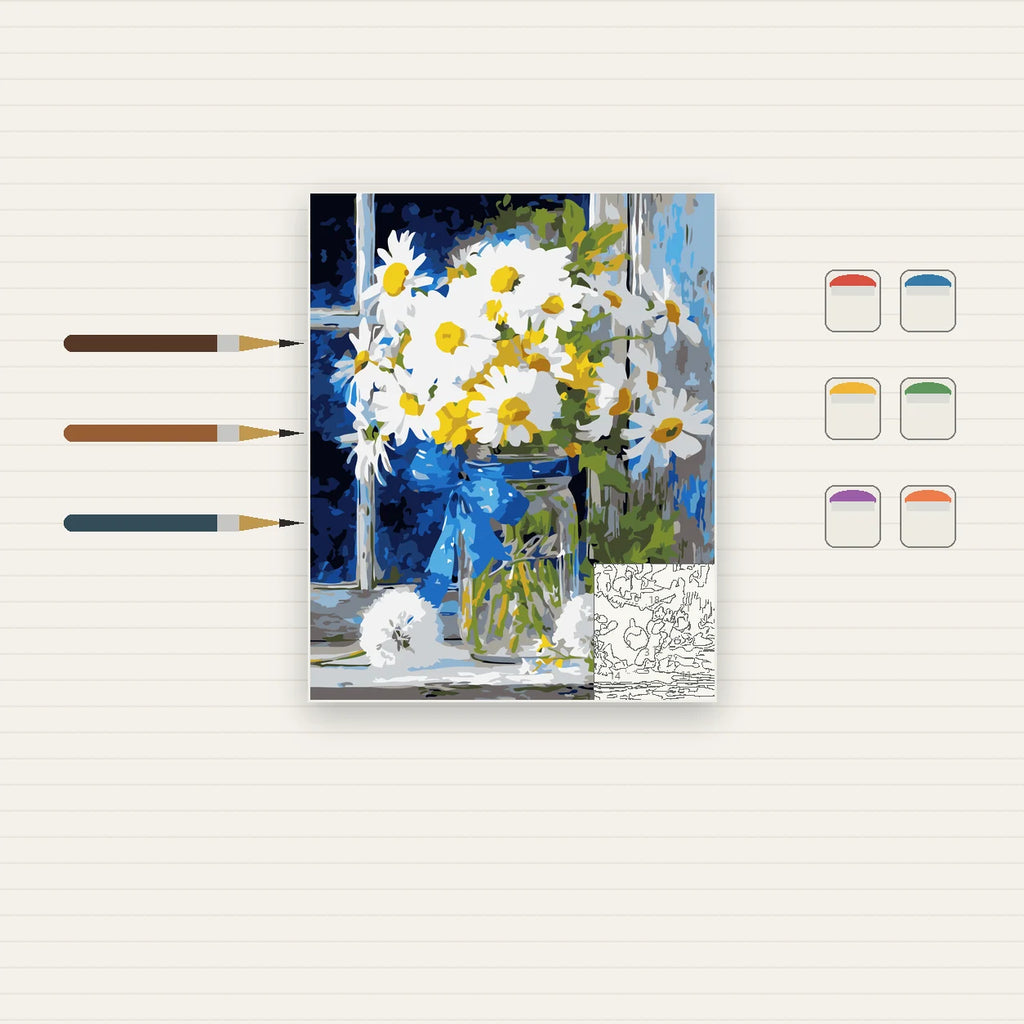 Complete White Daisies in Blue Vase numbered canvas being painted with acrylic paints and brushes