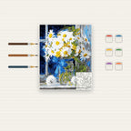 Complete White Daisies in Blue Vase numbered canvas being painted with acrylic paints and brushes