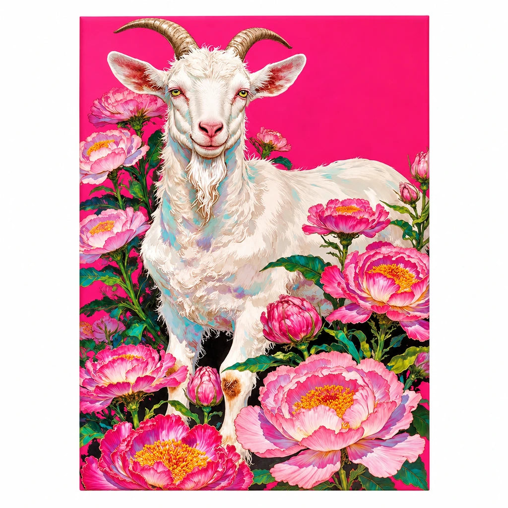 Original artwork of a white goat among pink peonies on a vivid magenta background