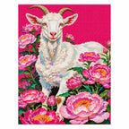 Finished diamond painting of a white goat among pink peonies on a vivid magenta background