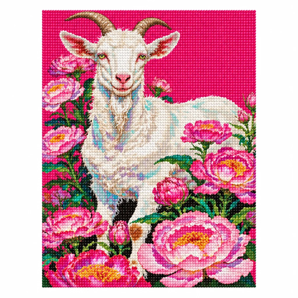 Finished diamond painting of a white goat among pink peonies on a vivid magenta background